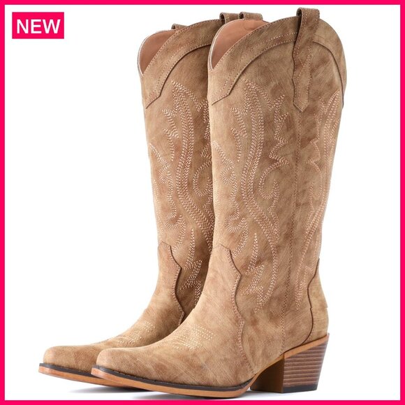 Shoes - Women's Western Cowboy Boots with Chunky Heel Mid Calf Snip Toe